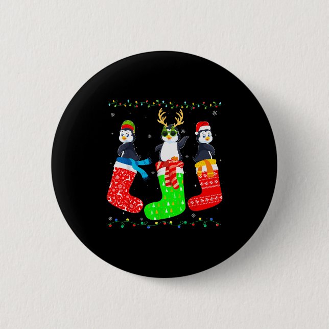 Penguin In Xmas Socks Funny Holiday Ugly Sweater C Button (Front)