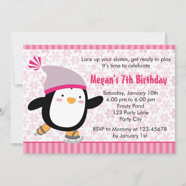 Penguin Invitation - Girls Birthday (Snowflake) (Front)