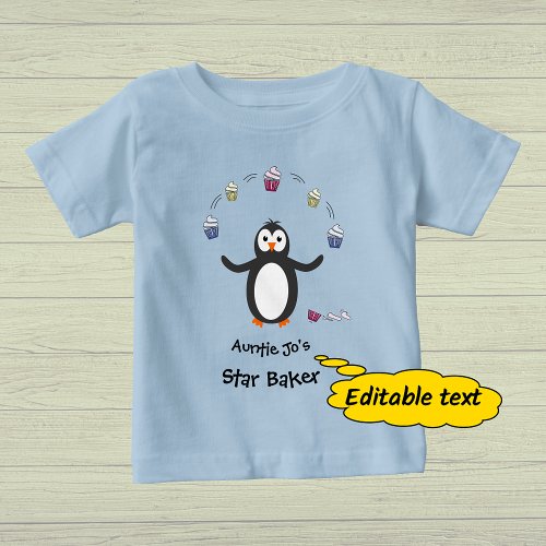 Penguin juggling cupcakes custom text baby T_Shirt