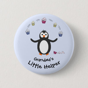 Penguin juggling cupcakes little helper blue button