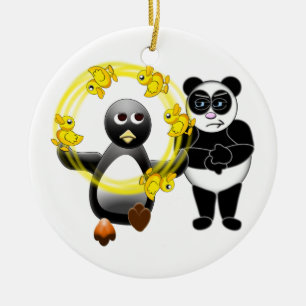 PENGUIN JUGGLING DUCKS PANDA BEAR DISAPPROVING ORN CERAMIC ORNAMENT