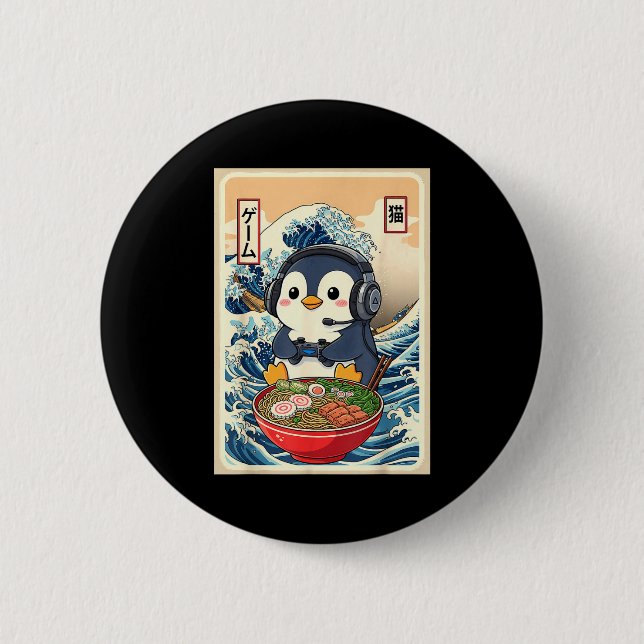 Penguin Kawaii Japanese Ramen Noodle Retro Gaming  Button (Front)