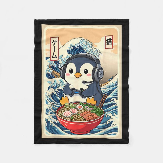 Penguin Kawaii Japanese Ramen Noodle Retro Gaming  Fleece Blanket (Front)