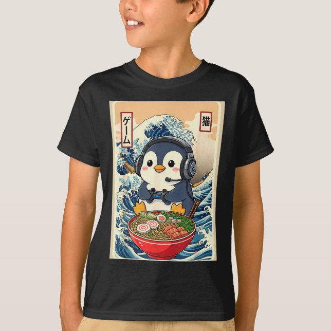 Penguin Kawaii Japanese Ramen Noodle Retro Gaming  T-Shirt (Front)