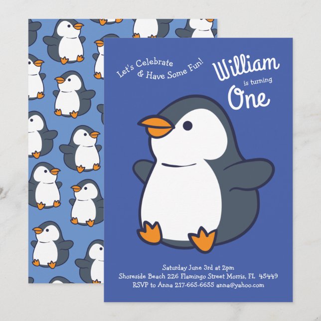 Penguin Kids Birthday Party Invitation (Front/Back)