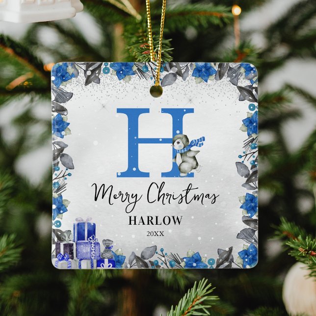 Penguin Kids Name Monogram Christmas Ceramic Ornament (Creator Uploaded)