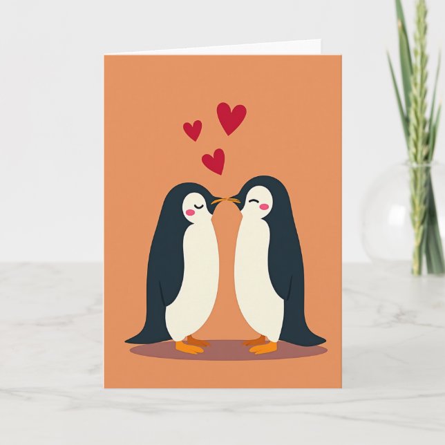 Penguin Kissing Couple Love Card (Front)