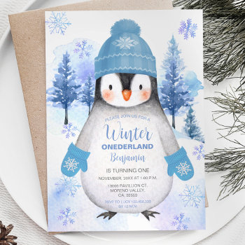 Penguin Knitted Hat Snowflakes Birthday Invitation by HappyPartyStudio at Zazzle