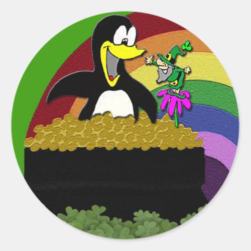 Penguin Leprechaun Gold and Rainbow Classic Round Sticker