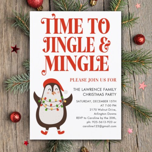 Penguin Lights Jingle Mingle Christmas Party Invitation