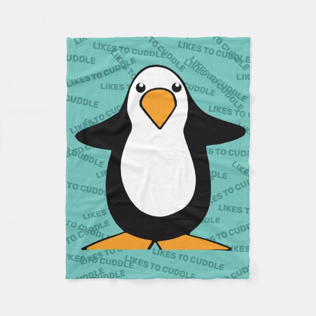 Penguin Likes to Cuddle Teal Fleece Blanket (Front)