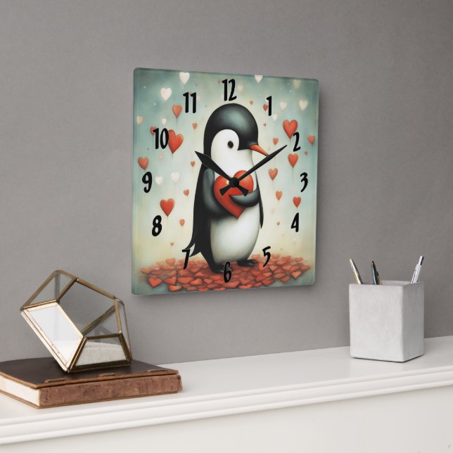 Penguin Love 1 Square Wall Clock (Office)