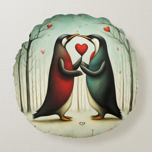 Penguin Love 2 Round Pillow (Front)