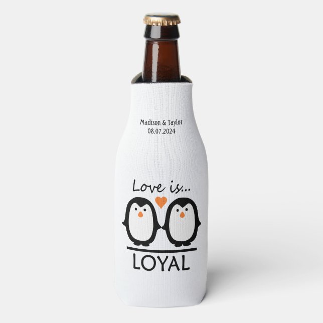 Penguin Love custom names & date Bottle Cooler (Bottle Front)