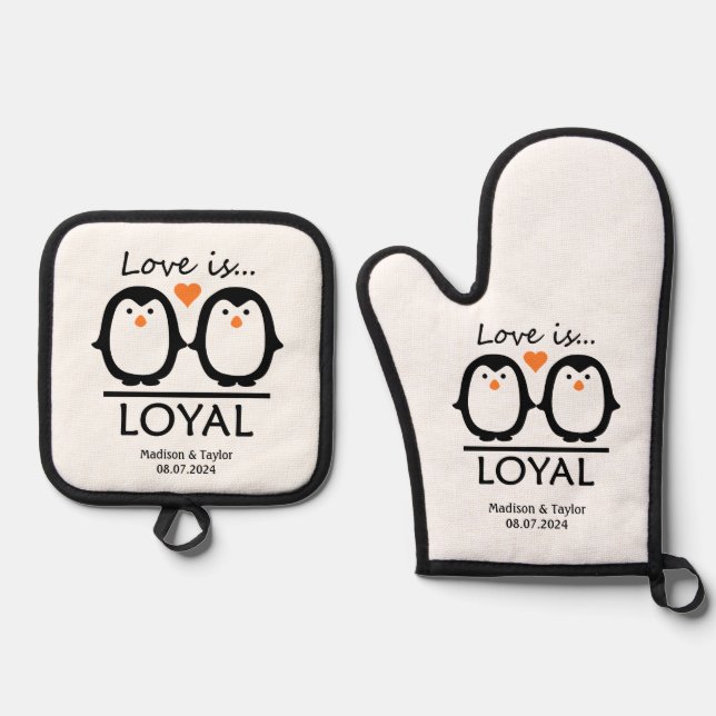 Penguin Love custom names & date Oven Mitt & Pot Holder Set (Front)