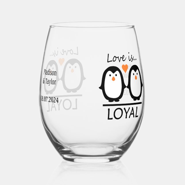 Penguin Love custom names & date Stemless Wine Glass (Back)