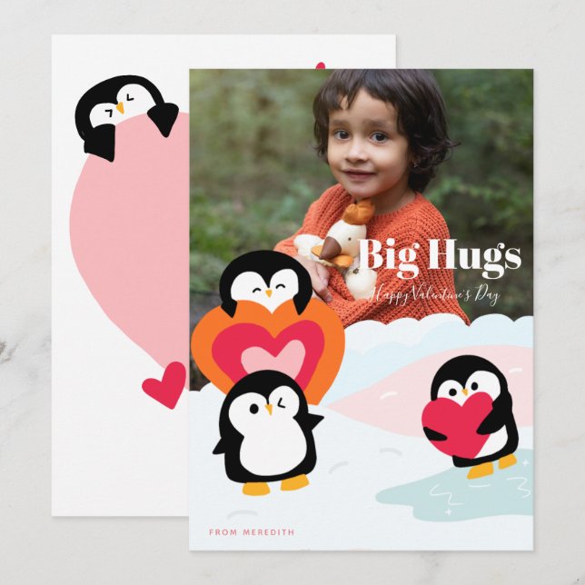 Penguin Love Hugs Children Photo Greeting Card (Front/Back)