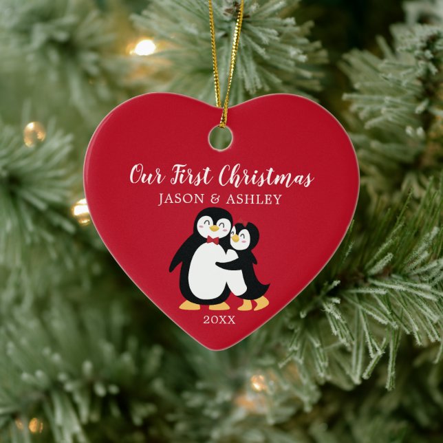 Penguin Love Our First Christmas Ceramic Ornament (Tree)
