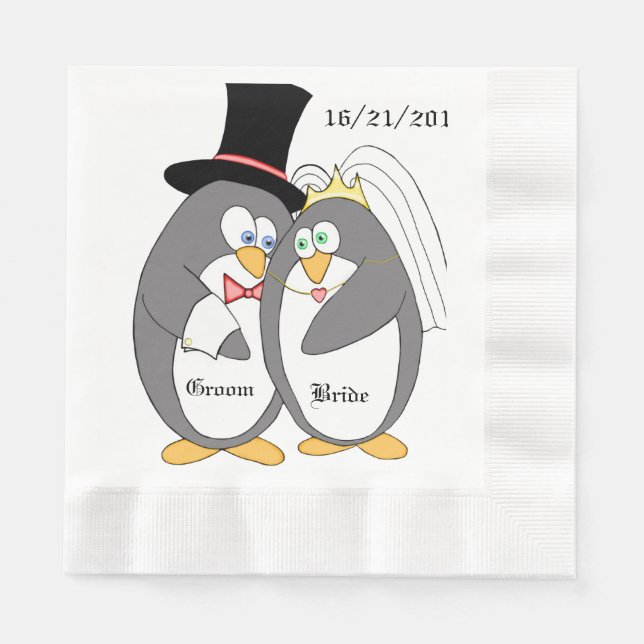 Penguin Love Personalized Wedding Napkins (Front)
