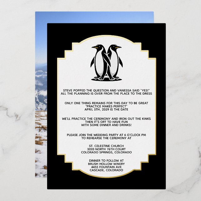 Penguin Love Rehearsal Dinner Invitation Foil Invitation (Front/Back)