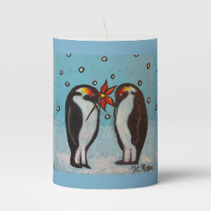 Penguin Love Whimsical Art Christmas Pillar Candle