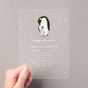 Penguin Mama & Baby Shower Winter Snow Neutral Acrylic Invitations