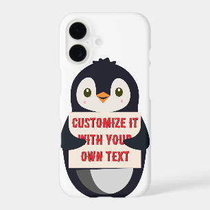 Penguin mascot holding a sign for custom text iPhone 17 case