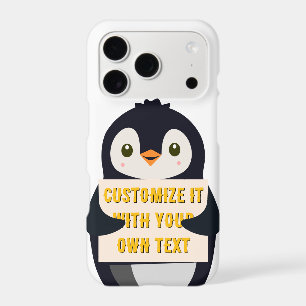 Penguin mascot holding a sign for custom text iPhone 17 pro case