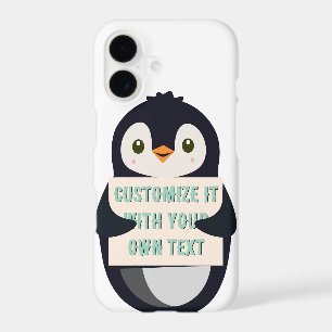 Penguin mascot holding a sign for custom text iPhone 17 case