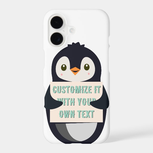 Penguin mascot holding a sign for custom text iphone case (Back)
