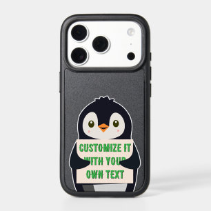 Penguin mascot holding a sign for custom text iPhone 17 pro case