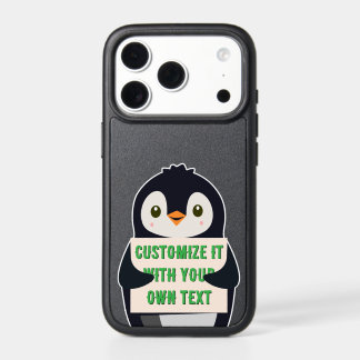 Penguin mascot holding a sign for custom text iPhone 17 pro case