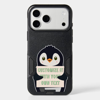 Penguin mascot holding a sign for custom text iPhone 17 pro max case