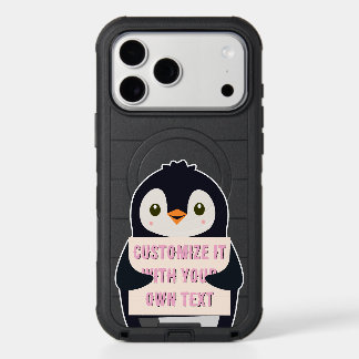 Penguin mascot holding a sign for custom text iPhone 17 pro max case