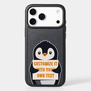 Penguin mascot holding a sign for custom text iPhone 17 pro max case