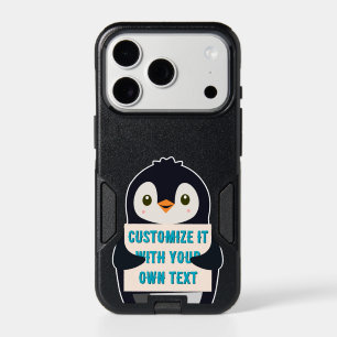 Penguin mascot holding a sign for custom text iPhone 17 pro case