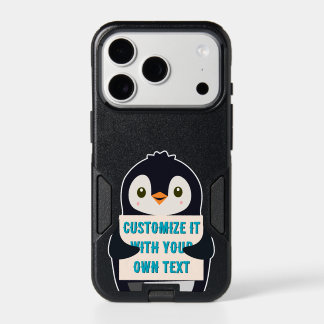 Penguin mascot holding a sign for custom text iPhone 17 pro case