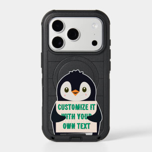 Penguin mascot holding a sign for custom text iPhone 17 pro case