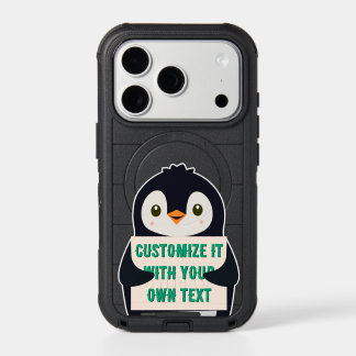Penguin mascot holding a sign for custom text iPhone 17 pro case
