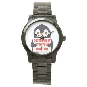 Penguin mascot holding a sign for custom text watch
