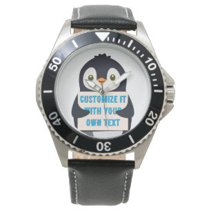 Penguin mascot holding a sign for custom text watch