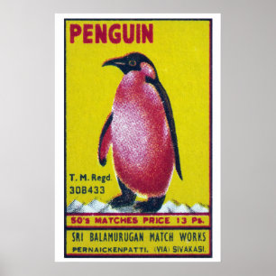 Penguin Matchbox Art Print, Indian Vintage Folk Poster