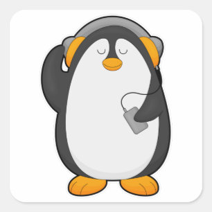 Penguin & Mobile phone with Headset Square Sticker