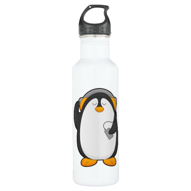Penguin & Mobile phone with Headset Stainless Steel Water Bottle (Front)