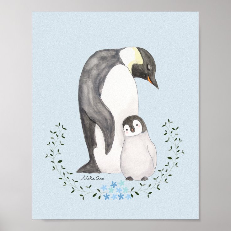 Penguin mom/dad with baby Cute Penguin Nursery Art Poster | Zazzle