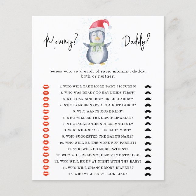 Penguin - mommy or daddy baby shower game (Front)
