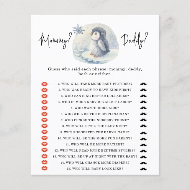 Penguin - mommy or daddy baby shower game (Front)
