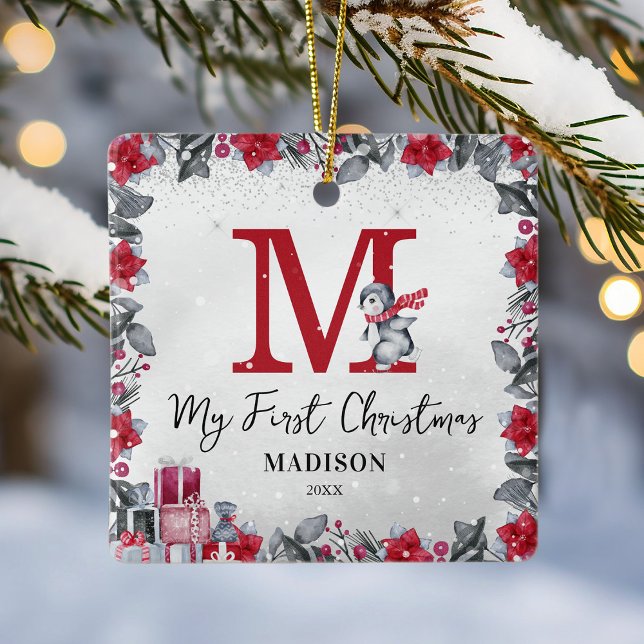 Penguin Monogram Baby Stats First Christmas Ceramic Ornament (Creator Uploaded)
