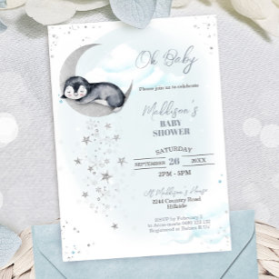 Penguin Moon Baby Shower Invitation