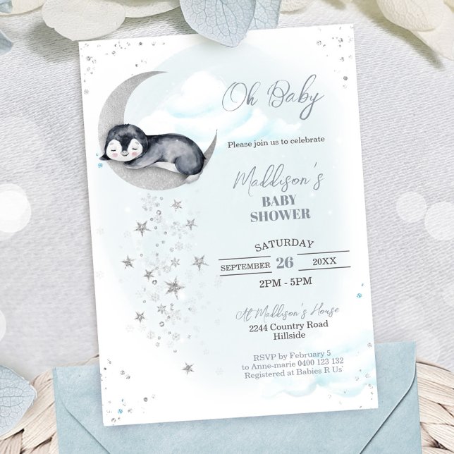 Penguin Moon Baby Shower Invitation (Creator Uploaded)